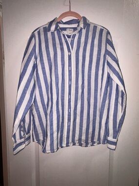 J.Crew Women's Striped Linen-Blend Button-Up Shirt Small Nautical blue and white